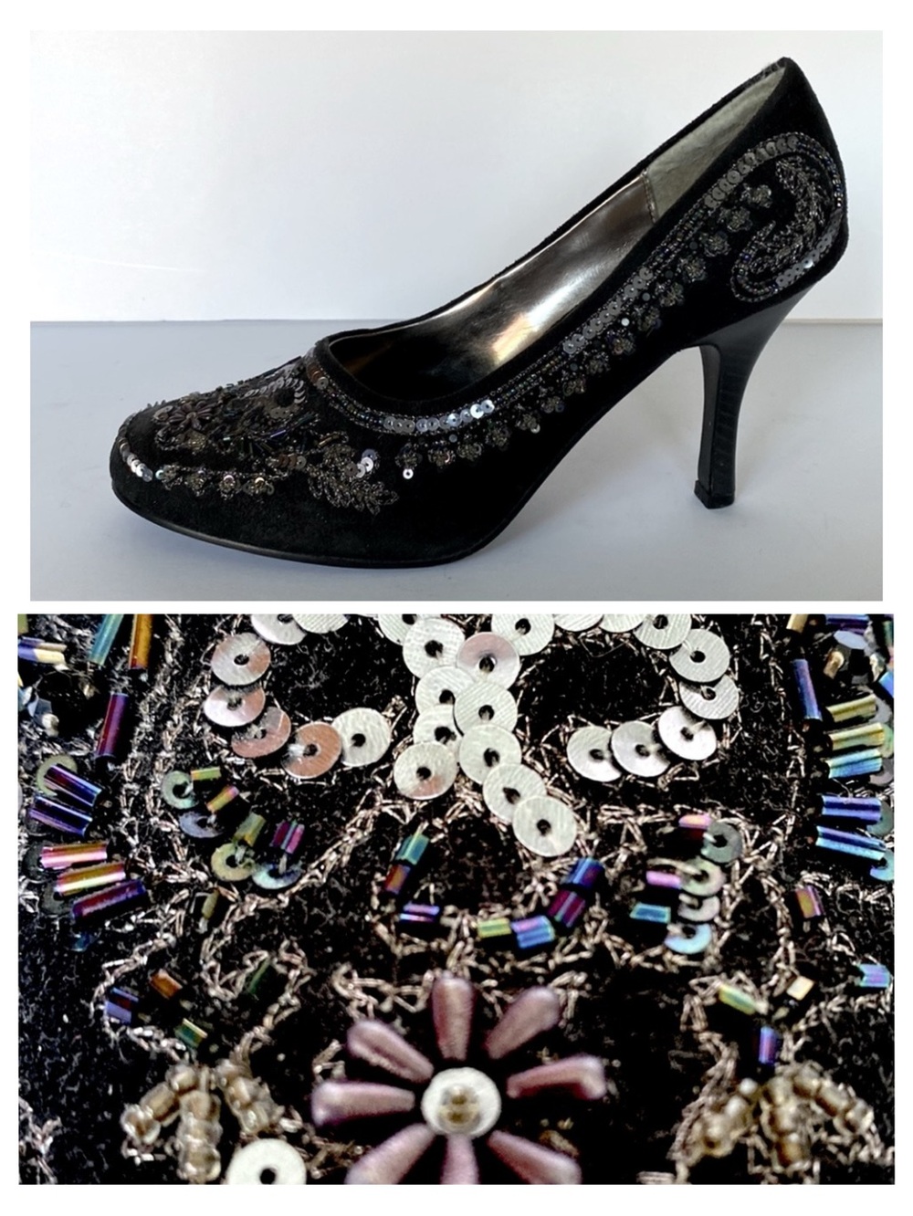 Unique Boho Black Suede Heels w/ Intricate Beading & Sequin Details!!!  Size 10